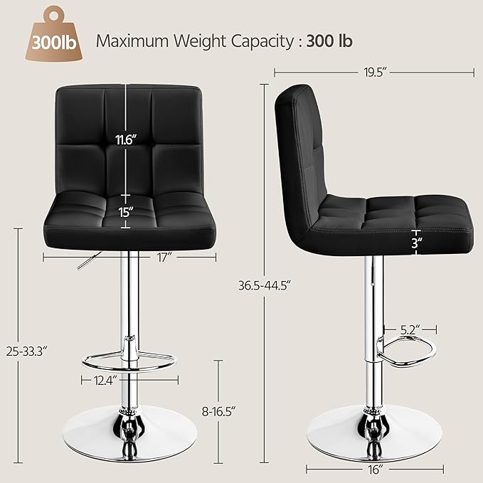 Bar Stools Set of 2, PU Leather Adjustable Swivel Barstools, Armless Hydraulic Kitchen Counter Bar Stool