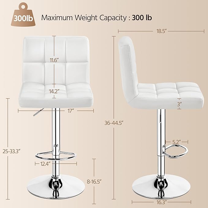 Bar Stools Set of 2, PU Leather Adjustable Swivel Barstools, Armless Hydraulic Kitchen Counter Bar Stool