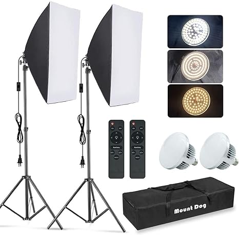 Softbox Lighting Kit, 2x19.7"x27.5" Photography Continuous Lighting System with 2pcs 85W 5700K E27 Socket LED Bulbs and Remote